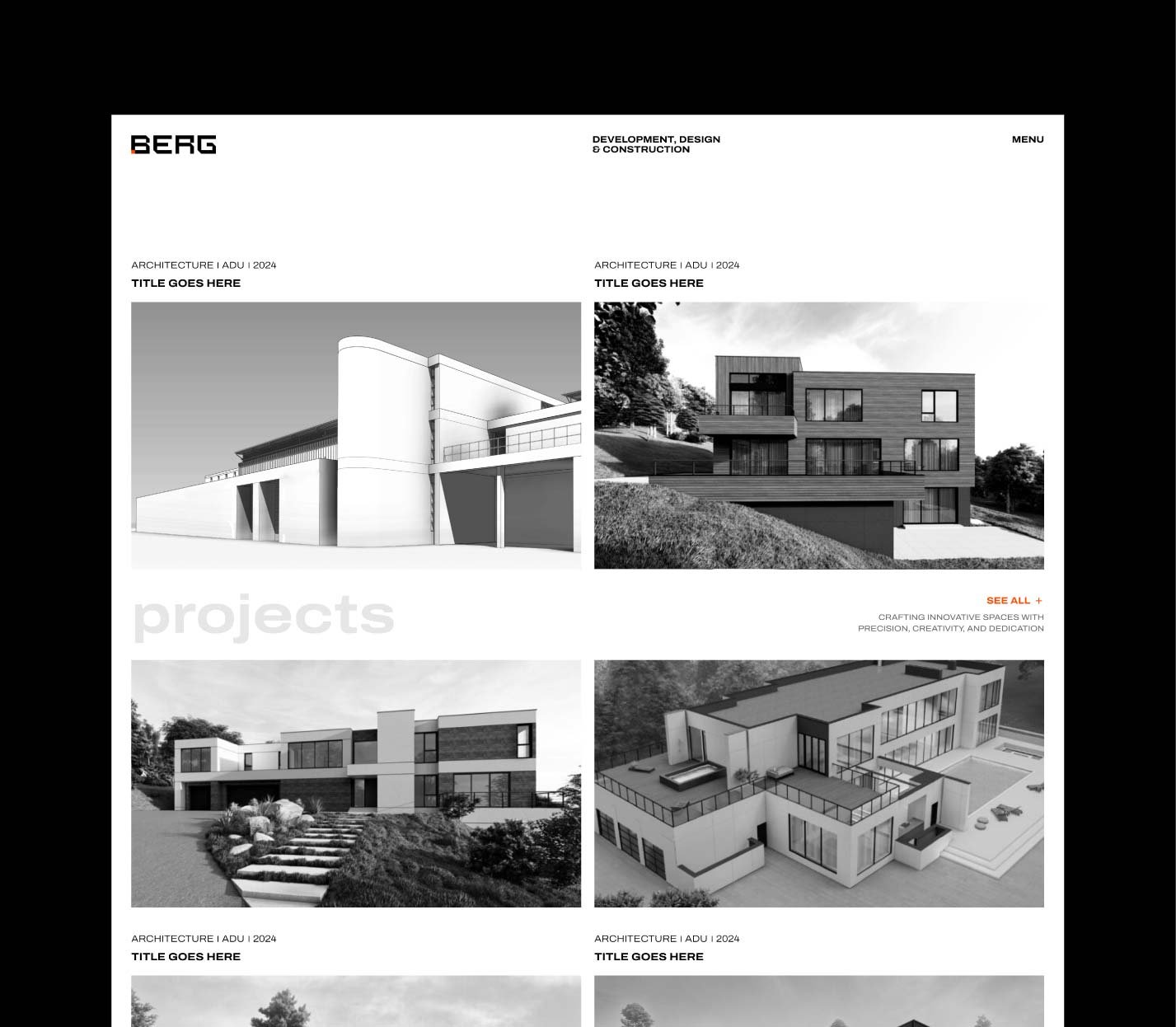BERG project showcase with modern architectural renderings and placeholder titles.