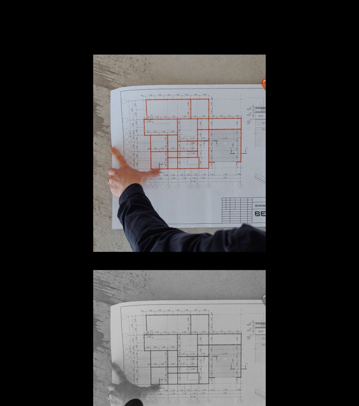 A person points to a section of an architectural plan with red highlights. The image is shown in color and black-and-white.