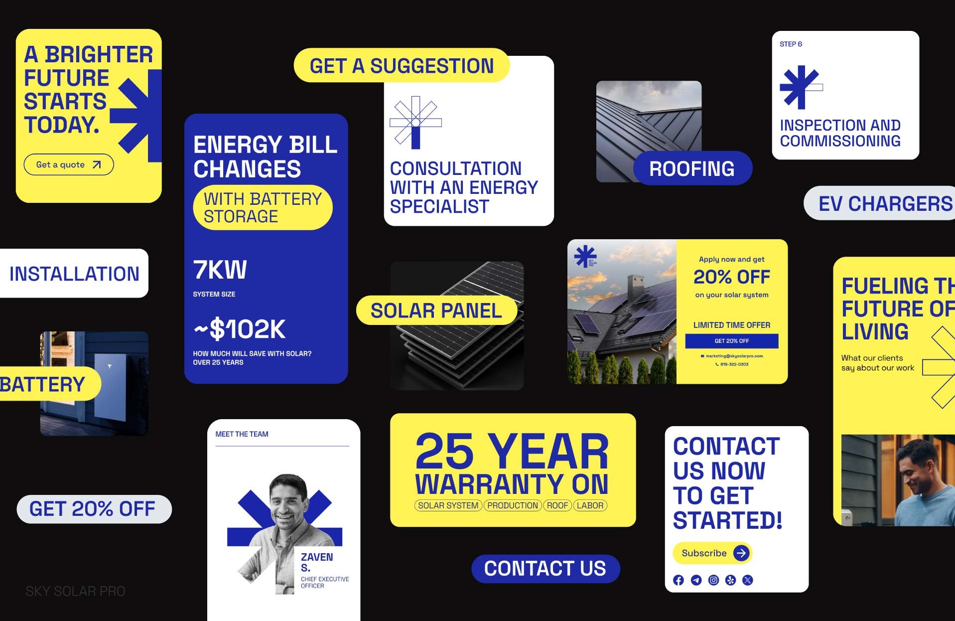 Sky Solar Pro ad with solar offers, 20% off, 25-year warranty, and contact info.