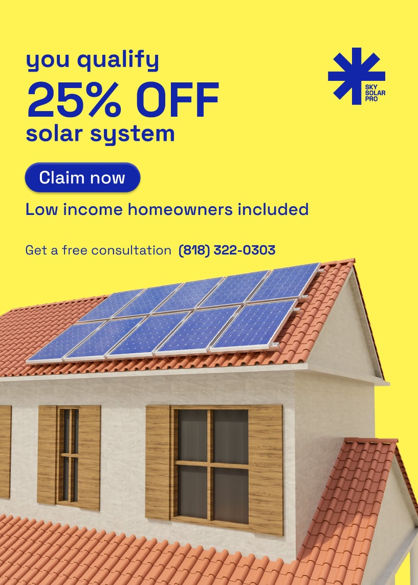 Ad offering 25% off solar systems for homeowners, including low income, with contact info.