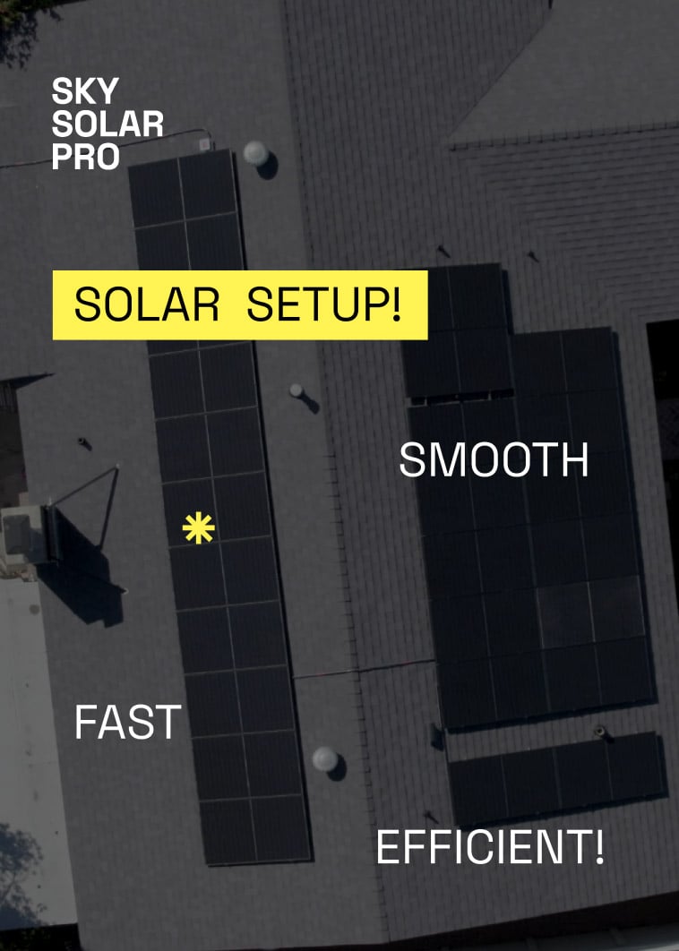 Sky Solar Pro rooftop solar setup labeled fast, smooth, and efficient from a top-down view.