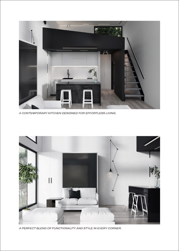 Two images of a modern black-and-white kitchen and living area with minimalist design and a loft staircase. Captions highlight effortless living and functional style.
