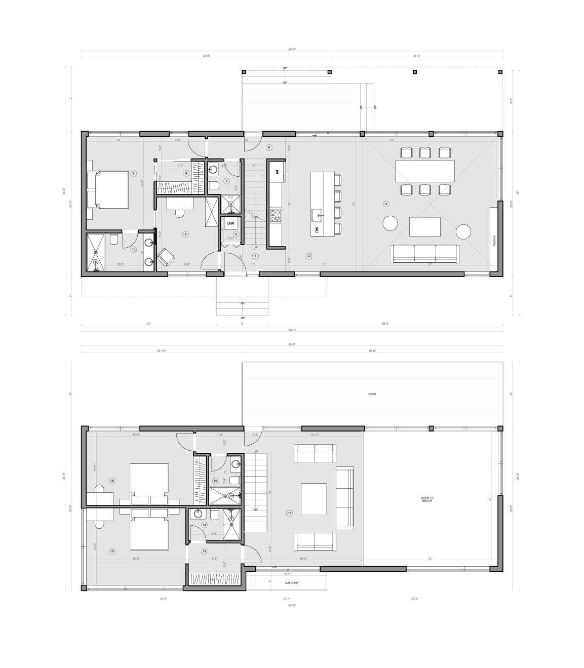 Two-story house floor plan showing bedrooms, bathrooms, living areas, kitchen, and an outdoor deck with furniture layout and dimensions.