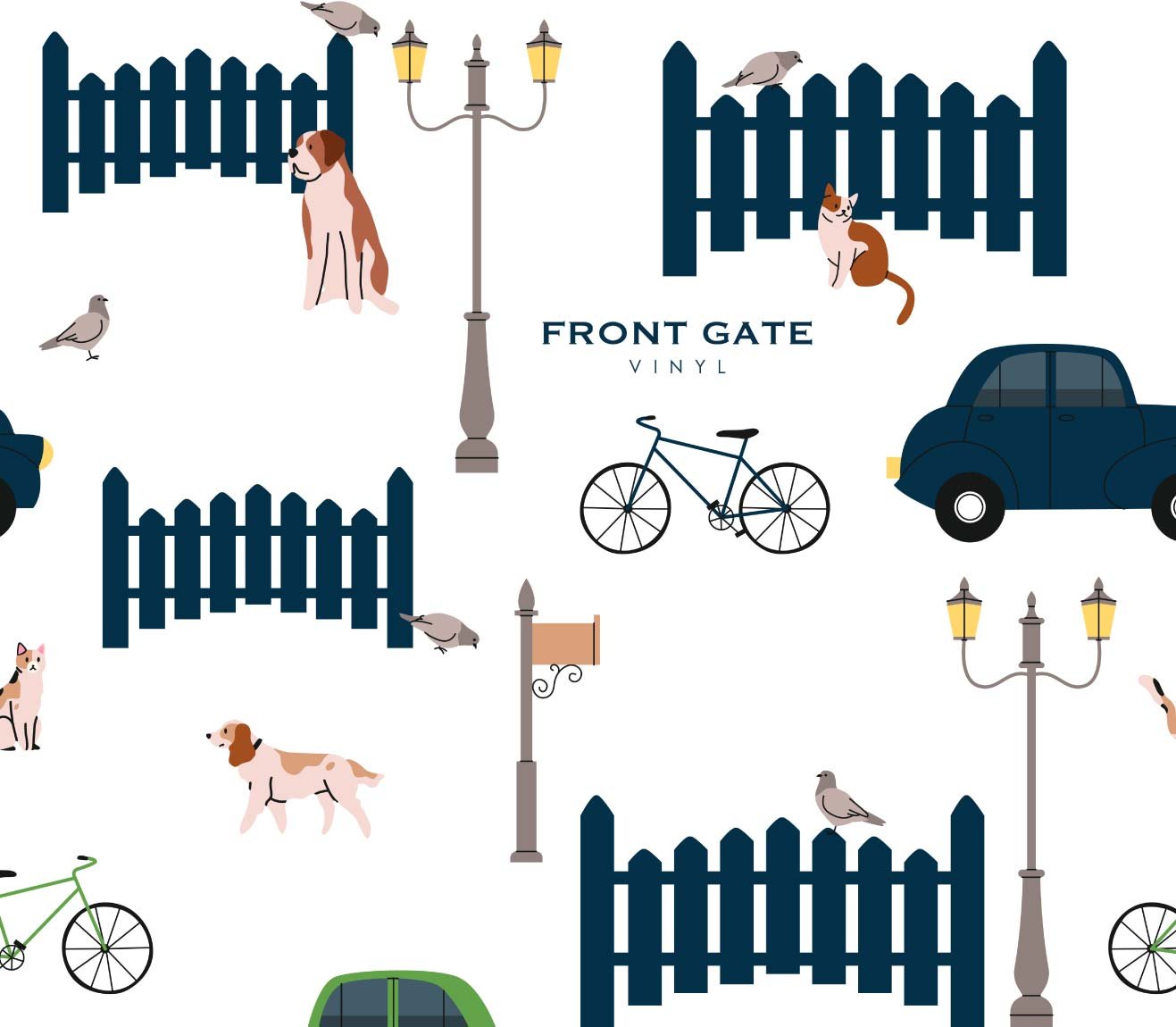 Pattern with illustrations of navy blue picket fences, street lamps, birds, dogs, cats, bicycles, and cars on a white background. The design includes the "Front Gate Vinyl" logo at the center.