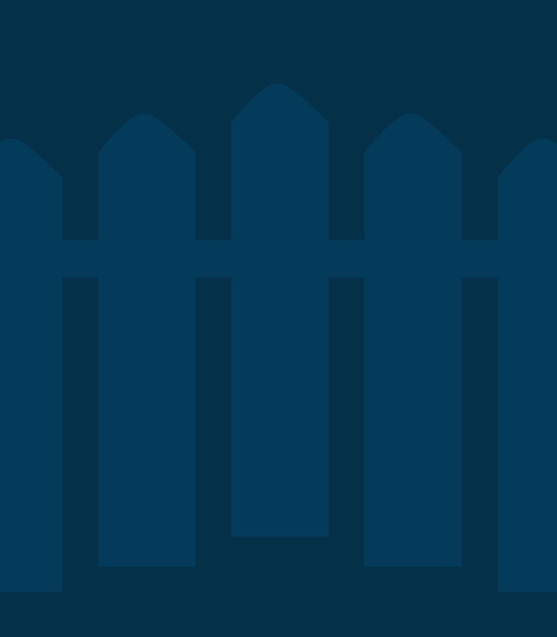 Minimalist dark blue graphic of a picket fence with five evenly spaced vertical boards with pointed tops.