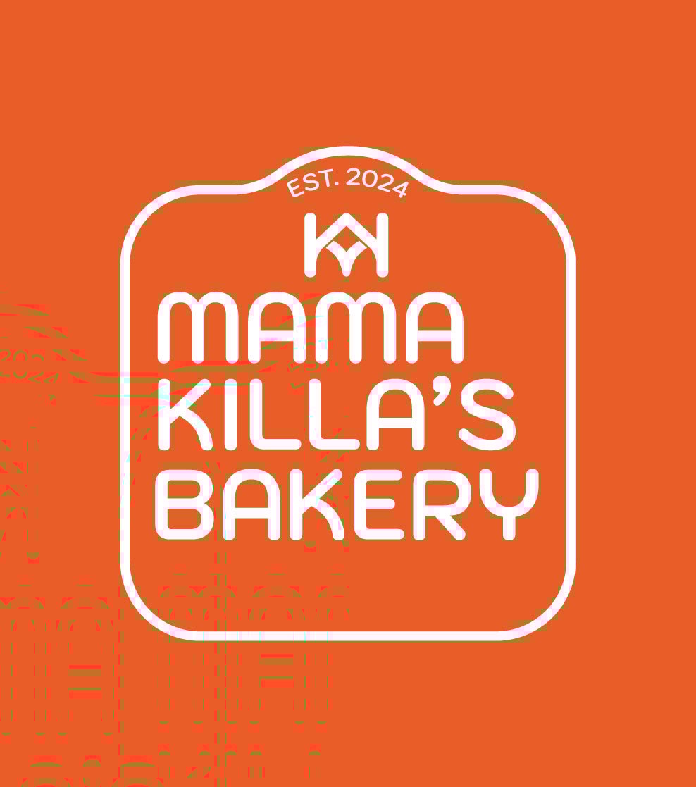 Mama Killa’s Bakery logo on orange background.