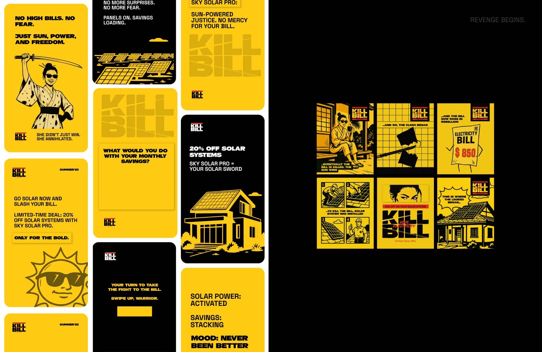 Comic-style campaign promoting 20% off solar systems with bold "Kill Bill" theme and anti-electricity bill messaging.