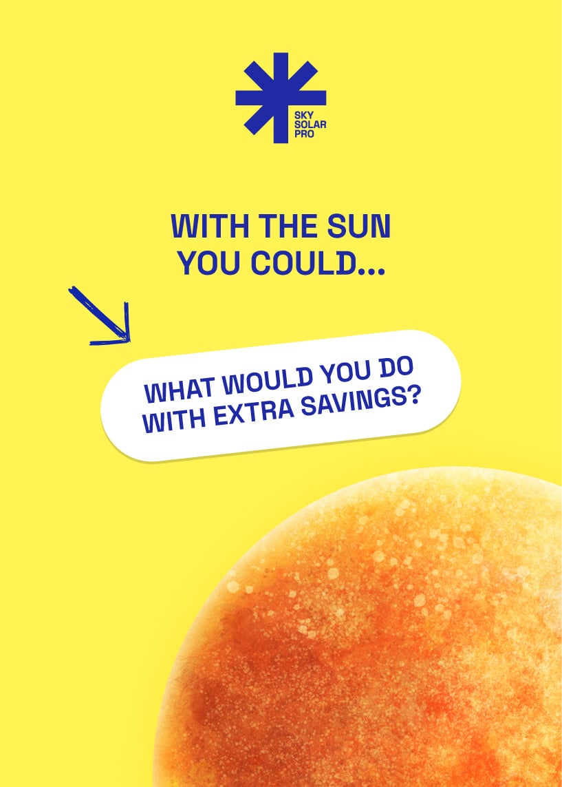 Poster with yellow background with a partial image of the sun. Text reads: “With the sun you could… What would you do with extra savings?”