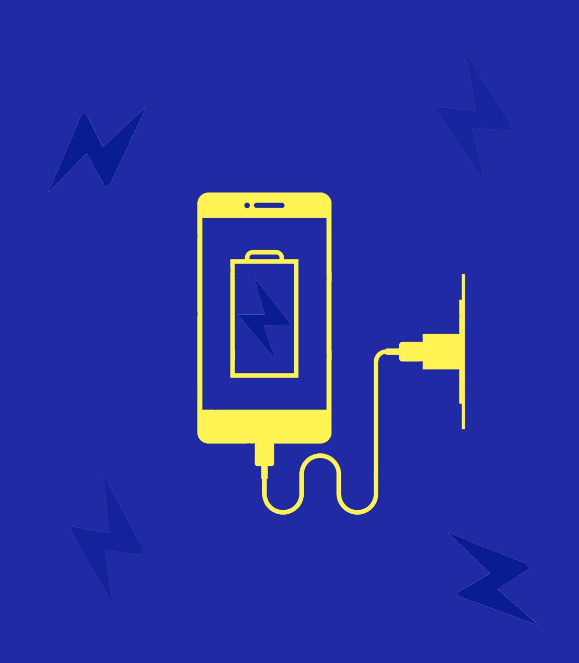 Blue background with yellow illustration of a smartphone connected to a wall plug charger, showing a battery icon on the screen. Blue lightning bolt symbols decorate the background.