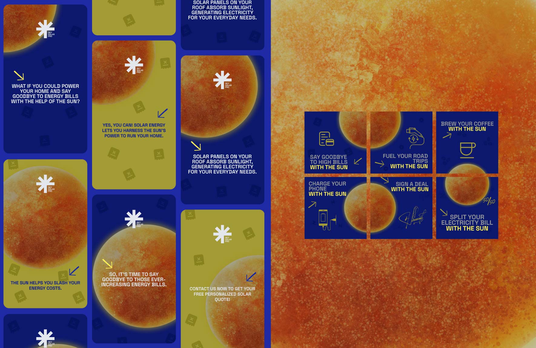 Posters for Sky Solar Pro showing a bright sun and solar energy icons with text promoting solar panels as a way to save on energy bills and power your home using sunlight.