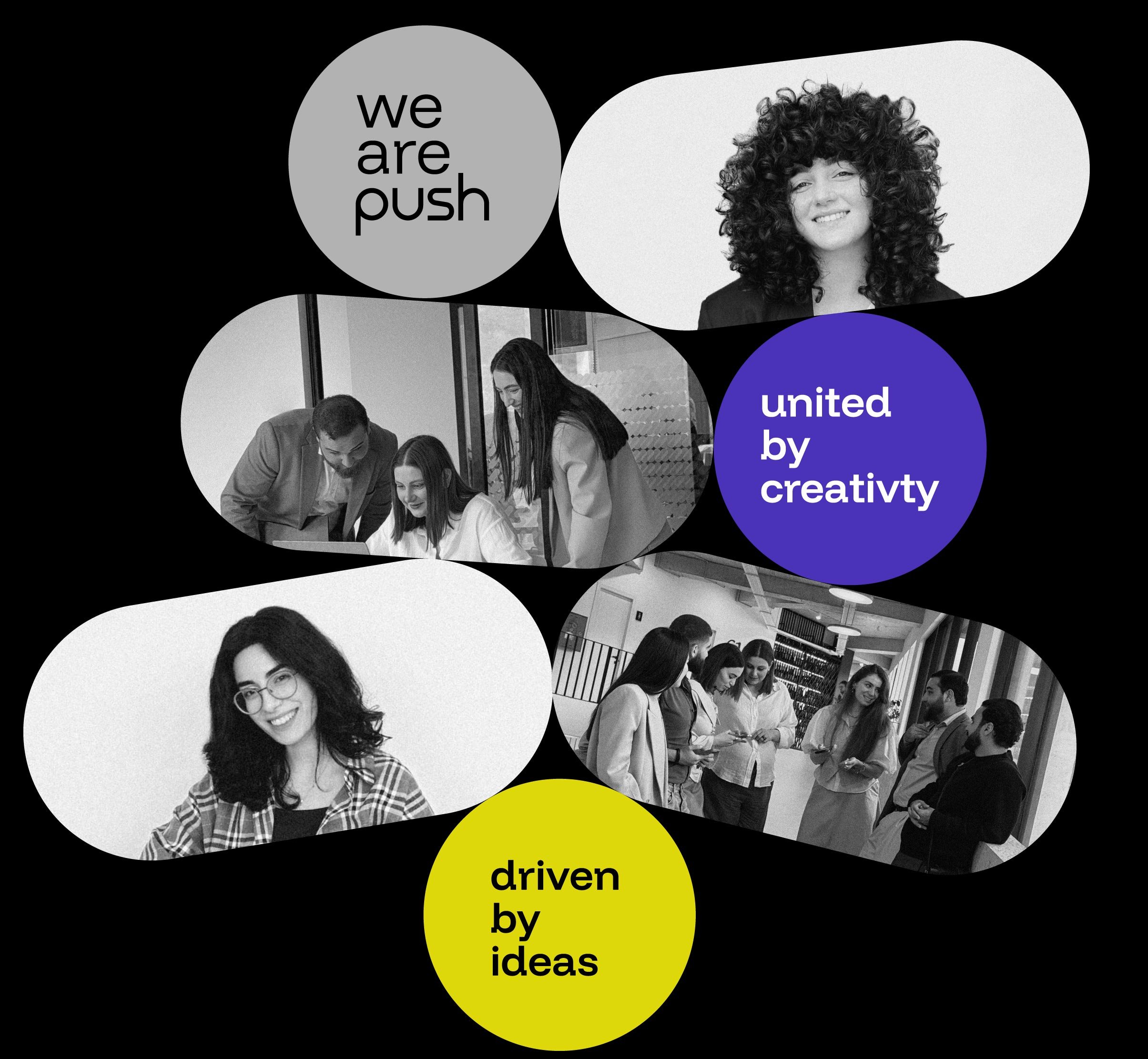A collage of black-and-white photos featuring diverse people, arranged in rounded shapes on a black background + tree colorful circles with text